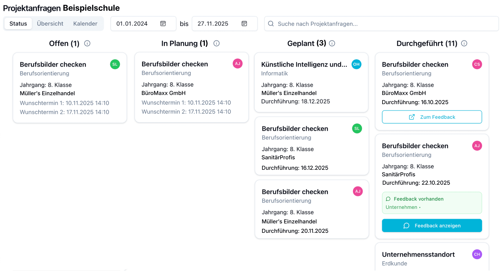 Screenshot: Buchungs- und Projektverwaltung auf der Plattform